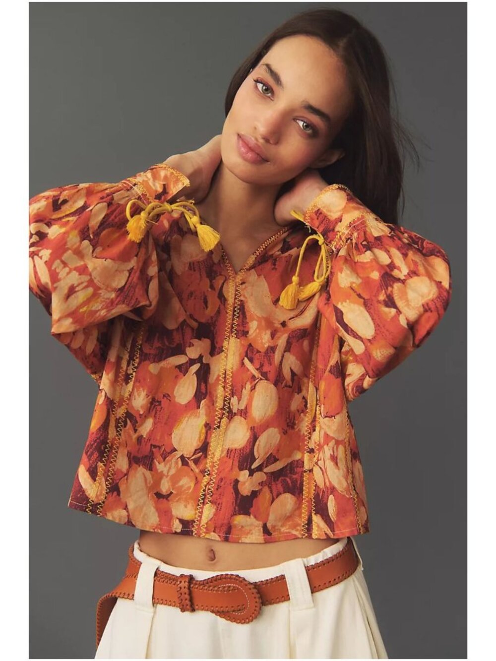 ANTHROPOLOGIE Tassel Stitched Blouse Orange Floral Long Sleeve Peasant Women M